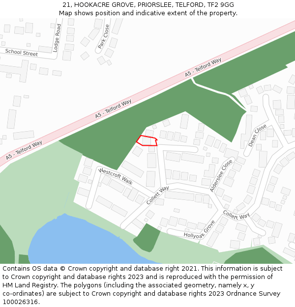 21, HOOKACRE GROVE, PRIORSLEE, TELFORD, TF2 9GG: Location map and indicative extent of plot