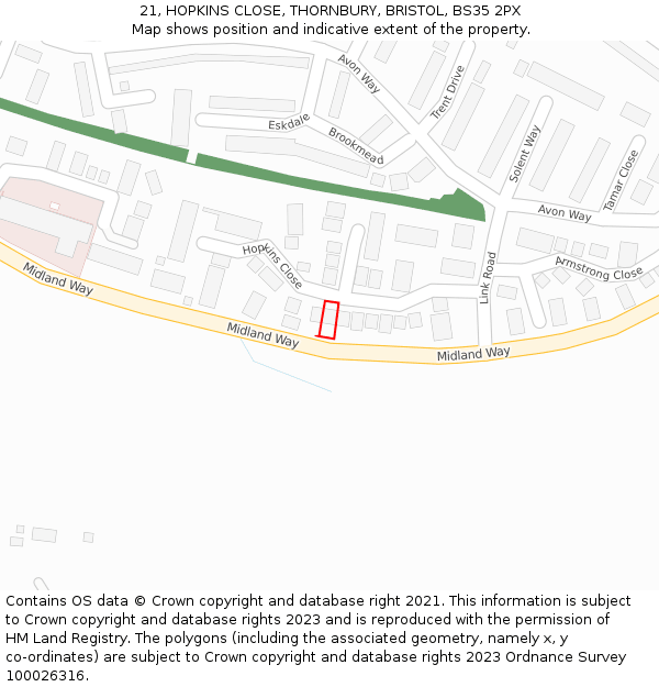 21, HOPKINS CLOSE, THORNBURY, BRISTOL, BS35 2PX: Location map and indicative extent of plot