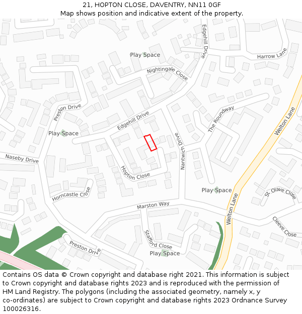 21, HOPTON CLOSE, DAVENTRY, NN11 0GF: Location map and indicative extent of plot
