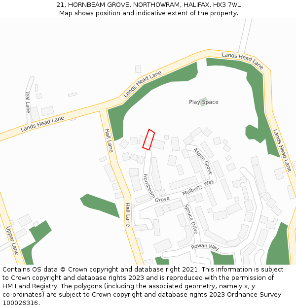 21, HORNBEAM GROVE, NORTHOWRAM, HALIFAX, HX3 7WL: Location map and indicative extent of plot