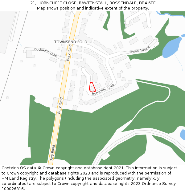 21, HORNCLIFFE CLOSE, RAWTENSTALL, ROSSENDALE, BB4 6EE: Location map and indicative extent of plot