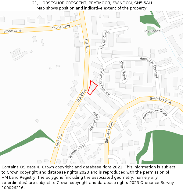 21, HORSESHOE CRESCENT, PEATMOOR, SWINDON, SN5 5AH: Location map and indicative extent of plot
