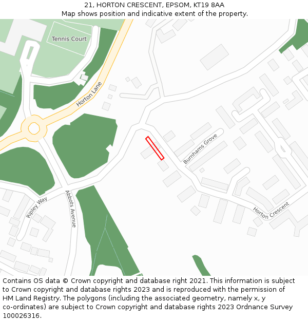 21, HORTON CRESCENT, EPSOM, KT19 8AA: Location map and indicative extent of plot