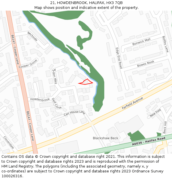 21, HOWDENBROOK, HALIFAX, HX3 7QB: Location map and indicative extent of plot