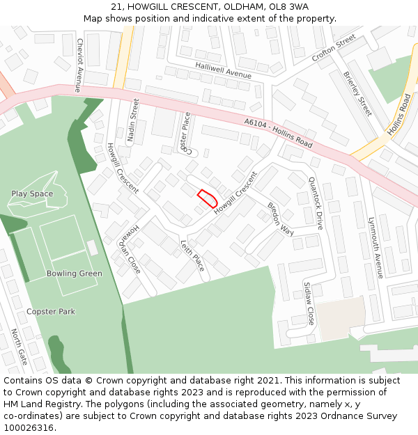 21, HOWGILL CRESCENT, OLDHAM, OL8 3WA: Location map and indicative extent of plot