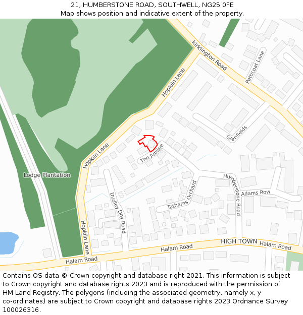 21, HUMBERSTONE ROAD, SOUTHWELL, NG25 0FE: Location map and indicative extent of plot