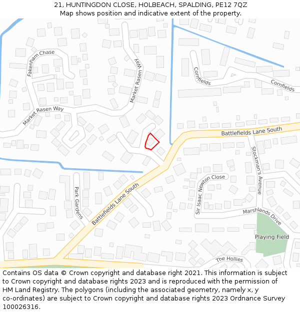 21, HUNTINGDON CLOSE, HOLBEACH, SPALDING, PE12 7QZ: Location map and indicative extent of plot