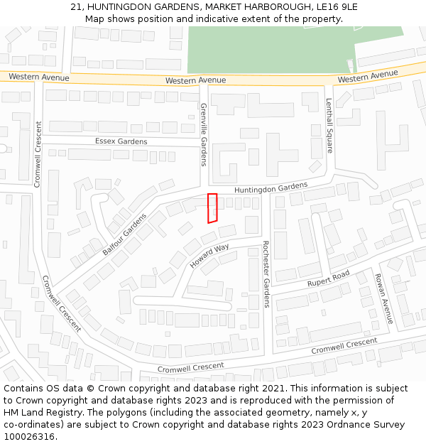 21, HUNTINGDON GARDENS, MARKET HARBOROUGH, LE16 9LE: Location map and indicative extent of plot