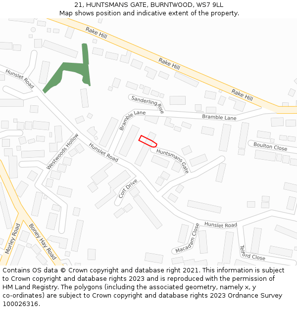 21, HUNTSMANS GATE, BURNTWOOD, WS7 9LL: Location map and indicative extent of plot