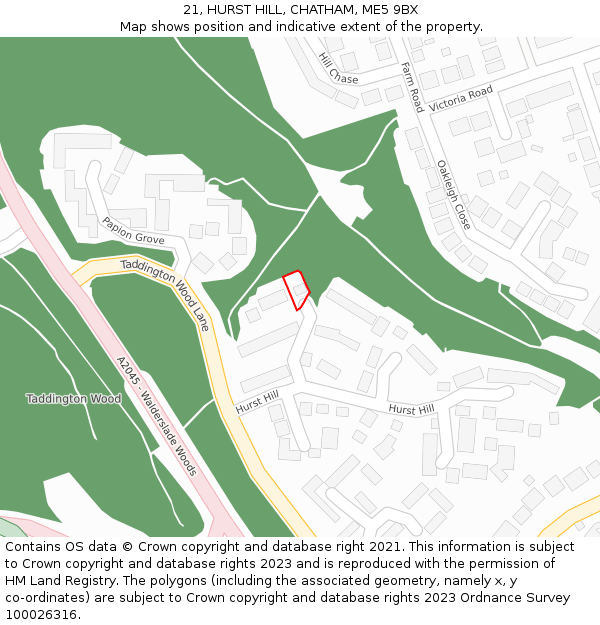 21, HURST HILL, CHATHAM, ME5 9BX: Location map and indicative extent of plot