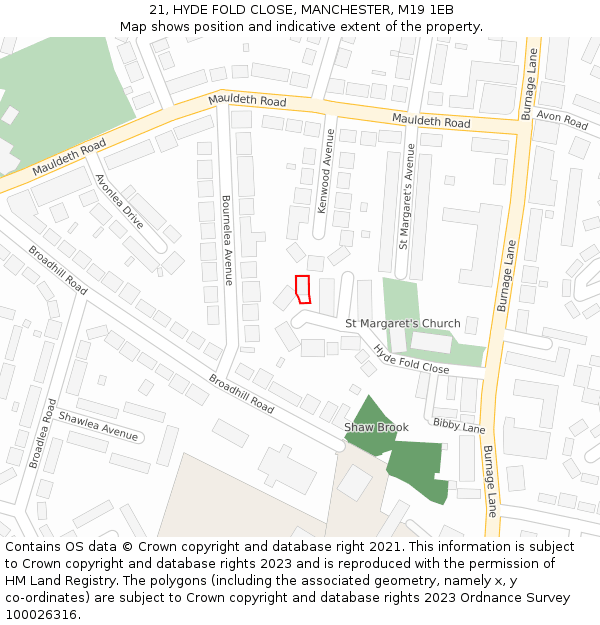 21, HYDE FOLD CLOSE, MANCHESTER, M19 1EB: Location map and indicative extent of plot