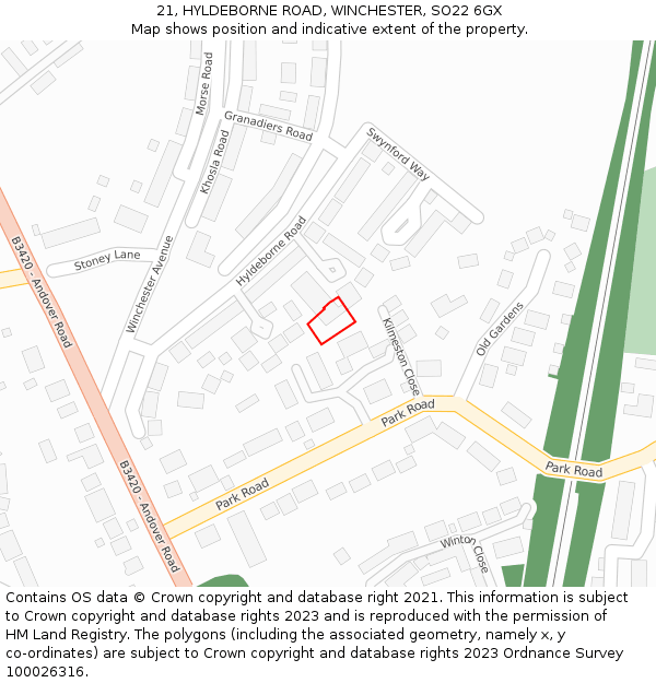 21, HYLDEBORNE ROAD, WINCHESTER, SO22 6GX: Location map and indicative extent of plot