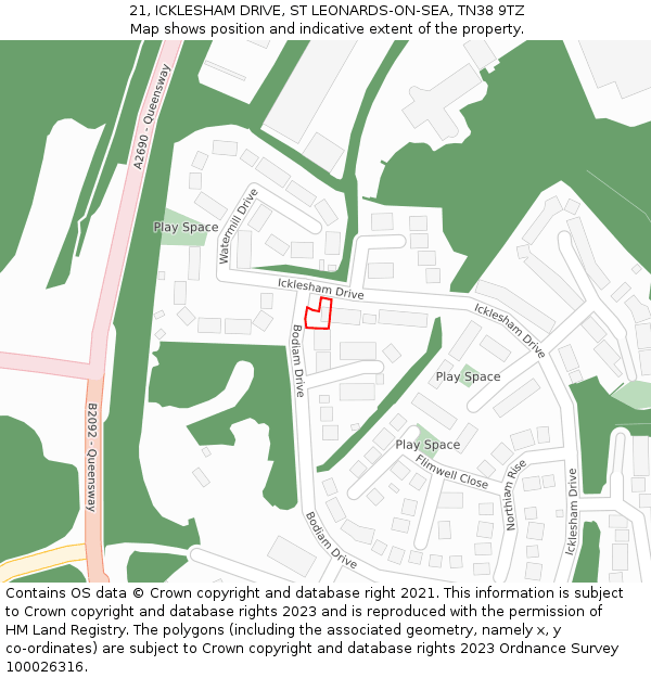 21, ICKLESHAM DRIVE, ST LEONARDS-ON-SEA, TN38 9TZ: Location map and indicative extent of plot