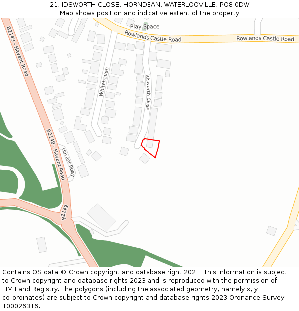 21, IDSWORTH CLOSE, HORNDEAN, WATERLOOVILLE, PO8 0DW: Location map and indicative extent of plot