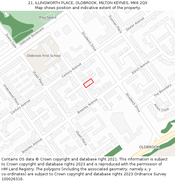 21, ILLINGWORTH PLACE, OLDBROOK, MILTON KEYNES, MK6 2QX: Location map and indicative extent of plot