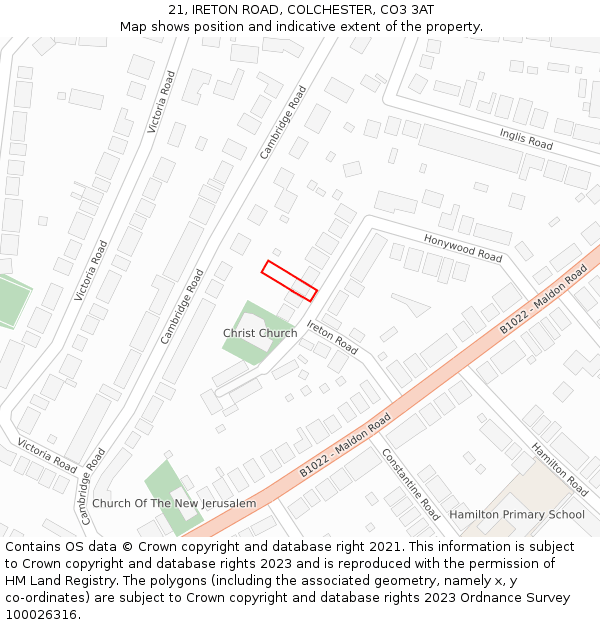 21, IRETON ROAD, COLCHESTER, CO3 3AT: Location map and indicative extent of plot