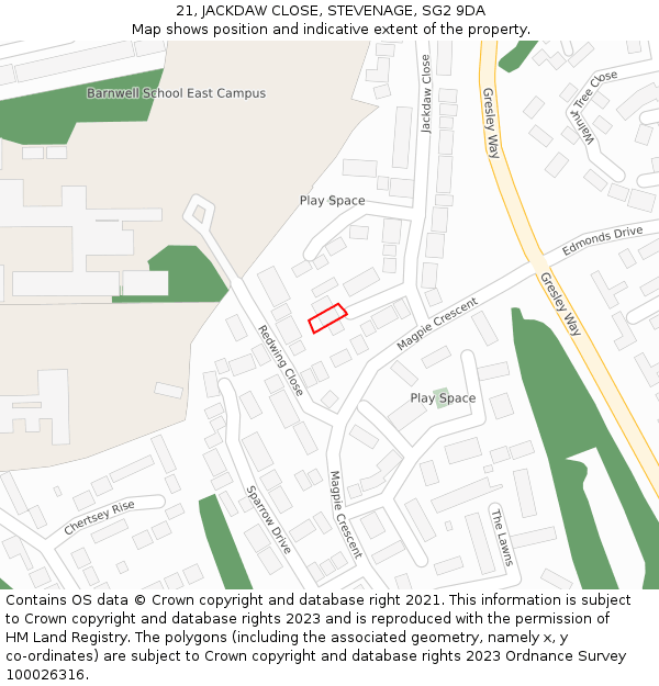 21, JACKDAW CLOSE, STEVENAGE, SG2 9DA: Location map and indicative extent of plot