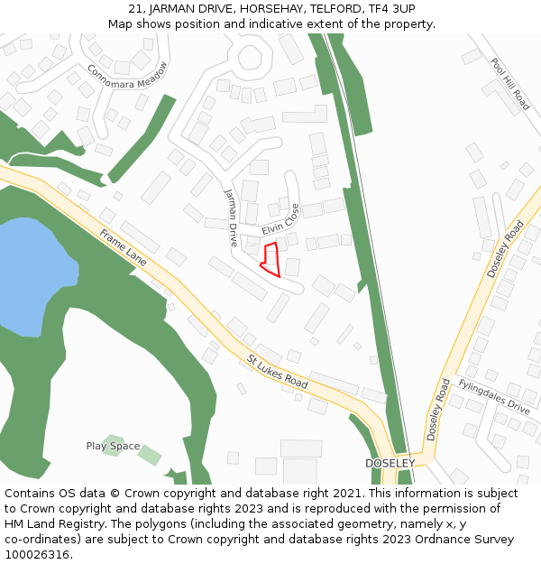 21, JARMAN DRIVE, HORSEHAY, TELFORD, TF4 3UP: Location map and indicative extent of plot