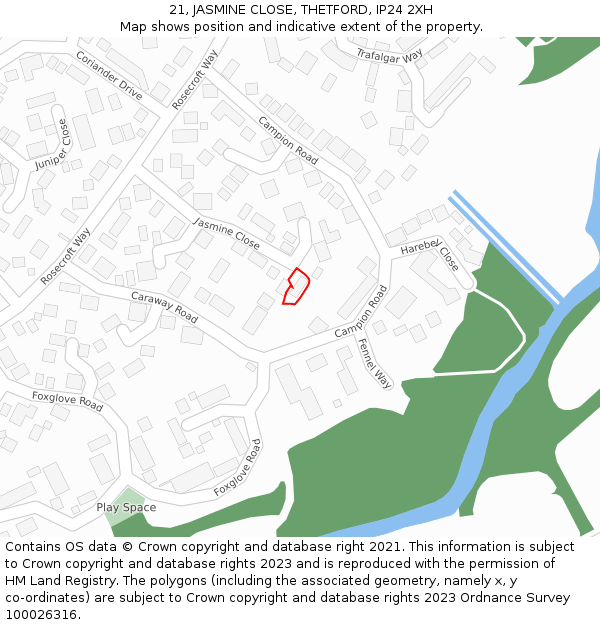 21, JASMINE CLOSE, THETFORD, IP24 2XH: Location map and indicative extent of plot
