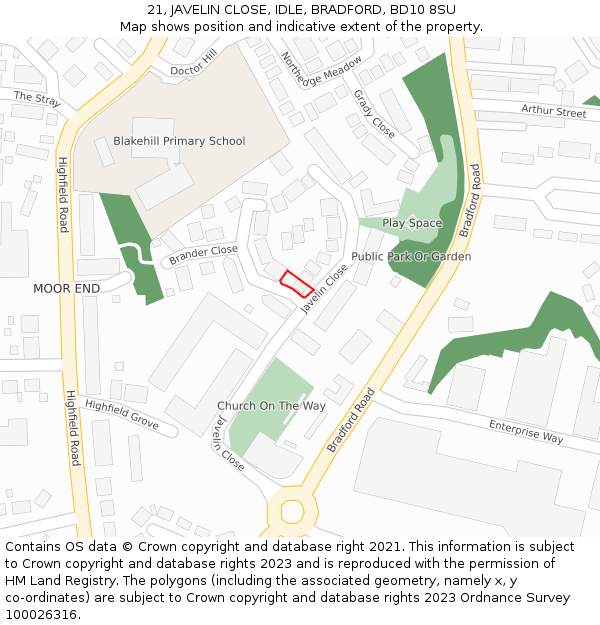 21, JAVELIN CLOSE, IDLE, BRADFORD, BD10 8SU: Location map and indicative extent of plot