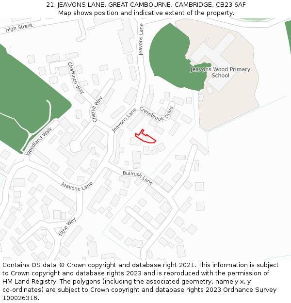 21, JEAVONS LANE, GREAT CAMBOURNE, CAMBRIDGE, CB23 6AF: Location map and indicative extent of plot