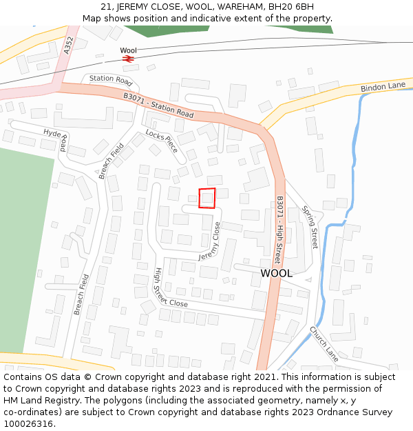 21, JEREMY CLOSE, WOOL, WAREHAM, BH20 6BH: Location map and indicative extent of plot