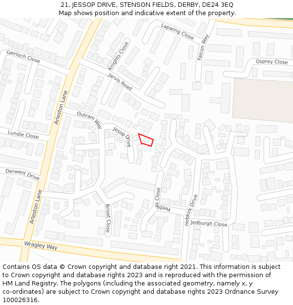 21, JESSOP DRIVE, STENSON FIELDS, DERBY, DE24 3EQ: Location map and indicative extent of plot