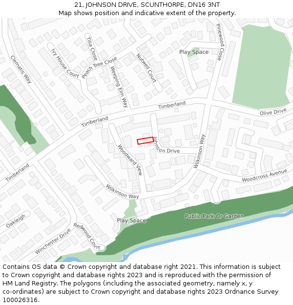 21, JOHNSON DRIVE, SCUNTHORPE, DN16 3NT: Location map and indicative extent of plot