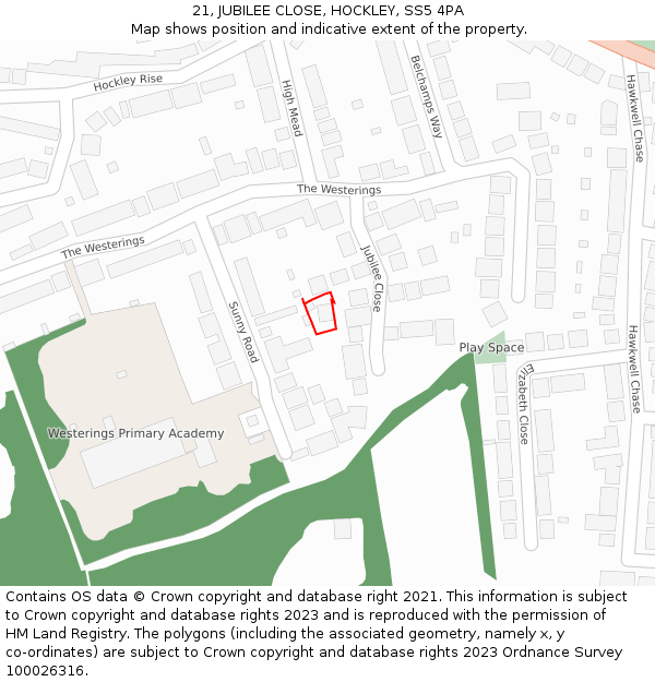 21, JUBILEE CLOSE, HOCKLEY, SS5 4PA: Location map and indicative extent of plot