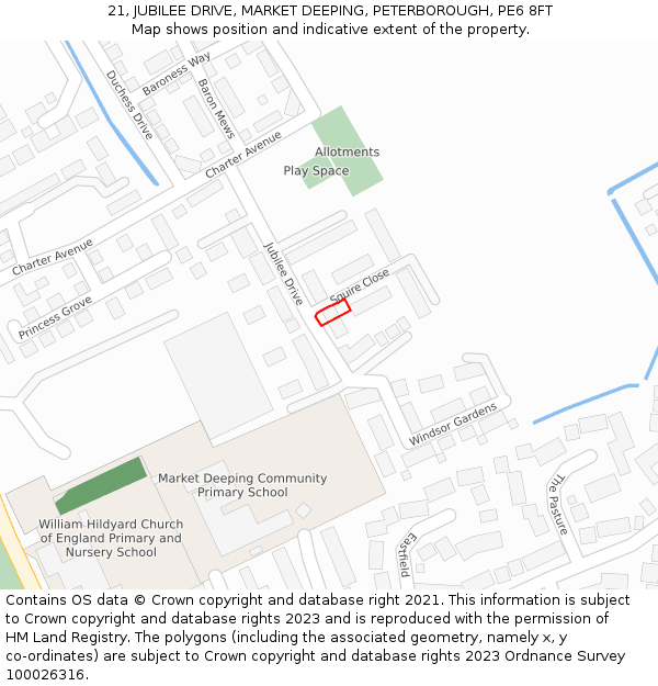 21, JUBILEE DRIVE, MARKET DEEPING, PETERBOROUGH, PE6 8FT: Location map and indicative extent of plot