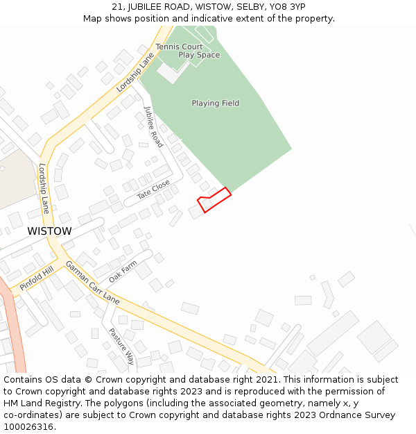 21, JUBILEE ROAD, WISTOW, SELBY, YO8 3YP: Location map and indicative extent of plot