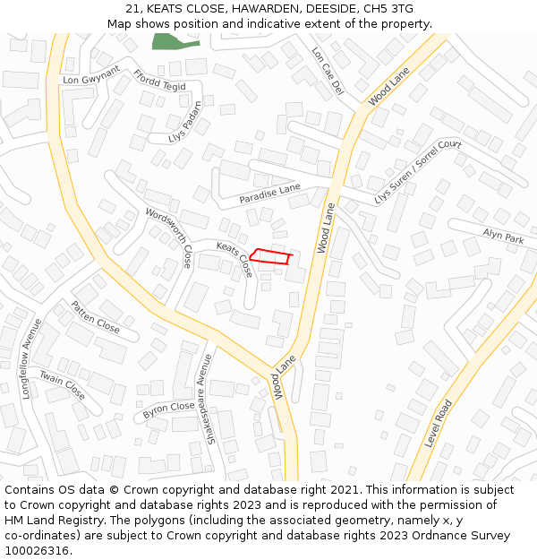 21, KEATS CLOSE, HAWARDEN, DEESIDE, CH5 3TG: Location map and indicative extent of plot