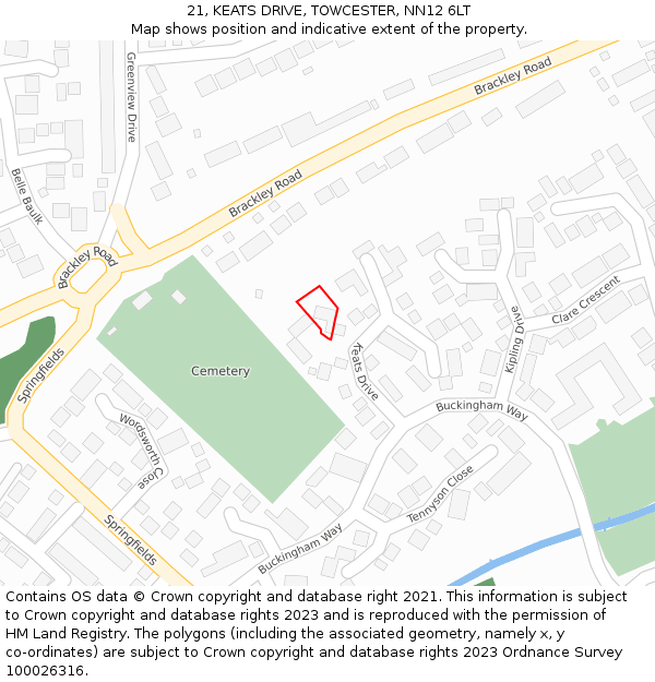 21, KEATS DRIVE, TOWCESTER, NN12 6LT: Location map and indicative extent of plot