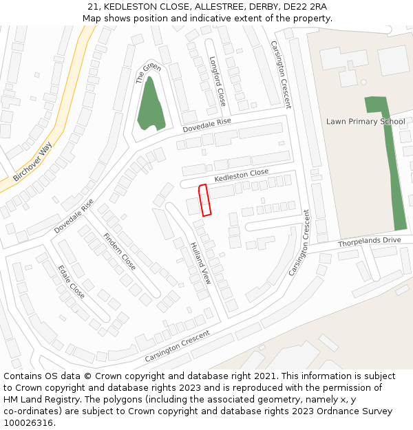 21, KEDLESTON CLOSE, ALLESTREE, DERBY, DE22 2RA: Location map and indicative extent of plot