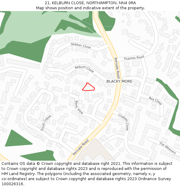 21, KELBURN CLOSE, NORTHAMPTON, NN4 0RA: Location map and indicative extent of plot