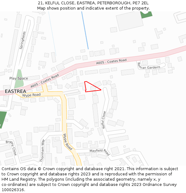 21, KELFUL CLOSE, EASTREA, PETERBOROUGH, PE7 2EL: Location map and indicative extent of plot