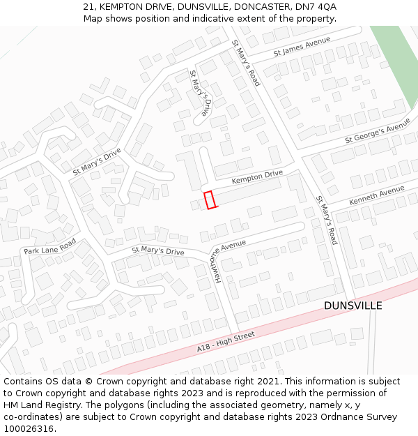 21, KEMPTON DRIVE, DUNSVILLE, DONCASTER, DN7 4QA: Location map and indicative extent of plot