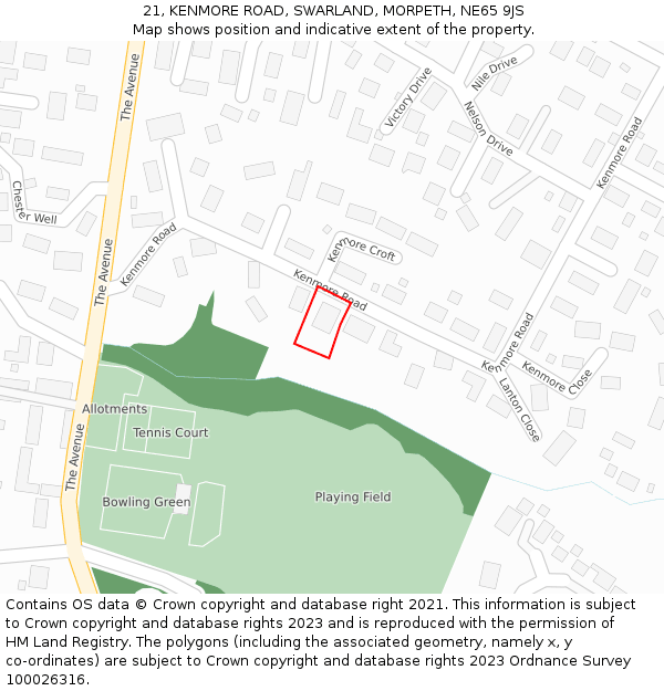 21, KENMORE ROAD, SWARLAND, MORPETH, NE65 9JS: Location map and indicative extent of plot