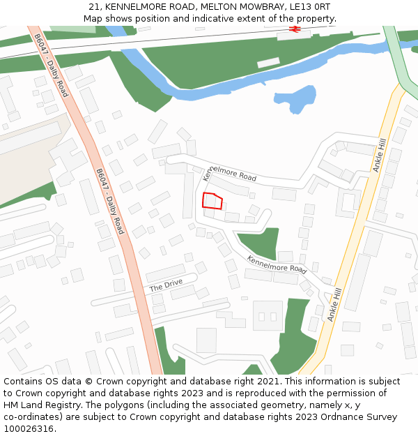 21, KENNELMORE ROAD, MELTON MOWBRAY, LE13 0RT: Location map and indicative extent of plot