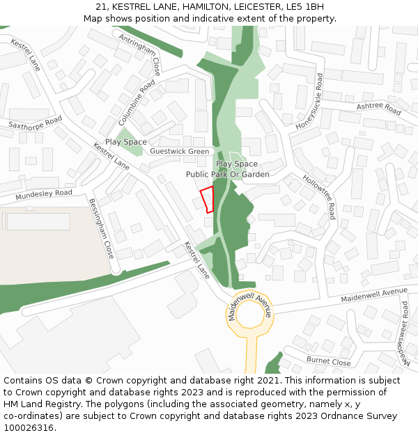 21, KESTREL LANE, HAMILTON, LEICESTER, LE5 1BH: Location map and indicative extent of plot