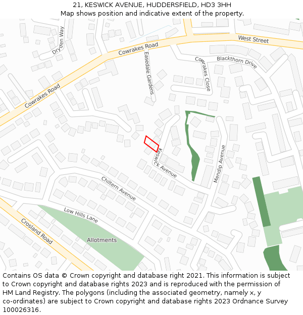 21, KESWICK AVENUE, HUDDERSFIELD, HD3 3HH: Location map and indicative extent of plot