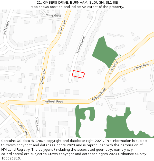 21, KIMBERS DRIVE, BURNHAM, SLOUGH, SL1 8JE: Location map and indicative extent of plot