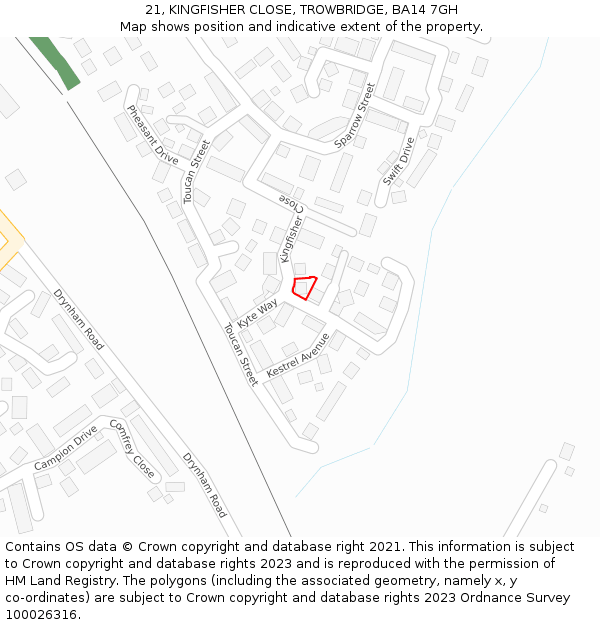 21, KINGFISHER CLOSE, TROWBRIDGE, BA14 7GH: Location map and indicative extent of plot