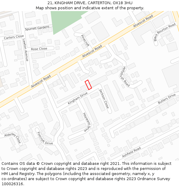 21, KINGHAM DRIVE, CARTERTON, OX18 3HU: Location map and indicative extent of plot