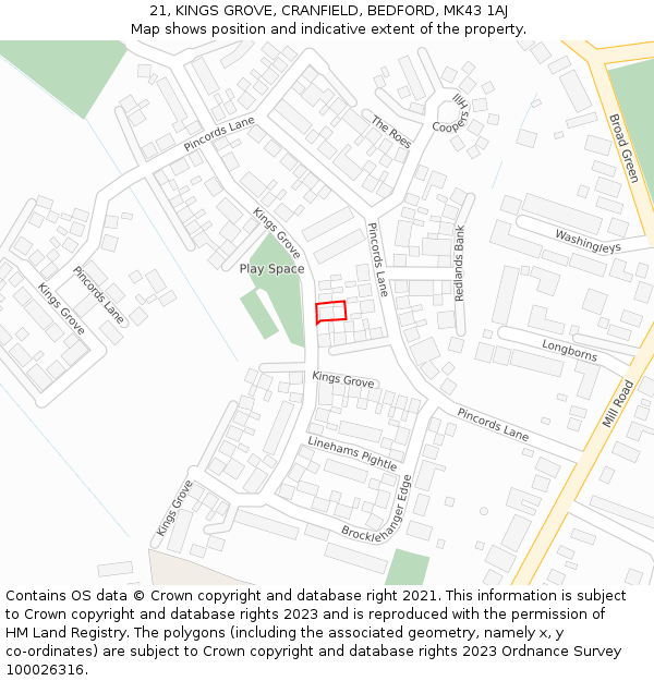 21, KINGS GROVE, CRANFIELD, BEDFORD, MK43 1AJ: Location map and indicative extent of plot