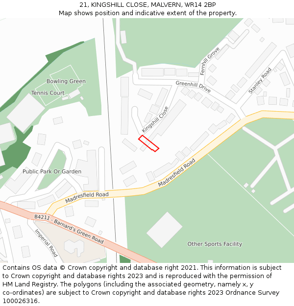 21, KINGSHILL CLOSE, MALVERN, WR14 2BP: Location map and indicative extent of plot