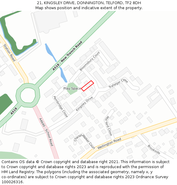 21, KINGSLEY DRIVE, DONNINGTON, TELFORD, TF2 8DH: Location map and indicative extent of plot