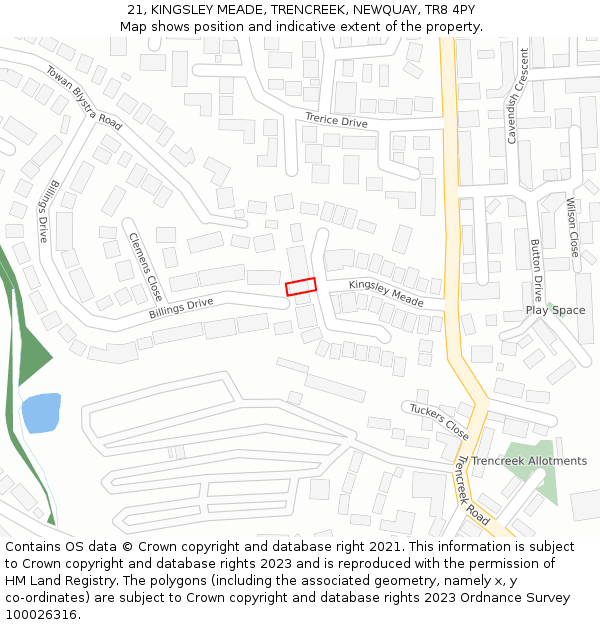 21, KINGSLEY MEADE, TRENCREEK, NEWQUAY, TR8 4PY: Location map and indicative extent of plot