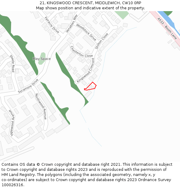 21, KINGSWOOD CRESCENT, MIDDLEWICH, CW10 0RP: Location map and indicative extent of plot