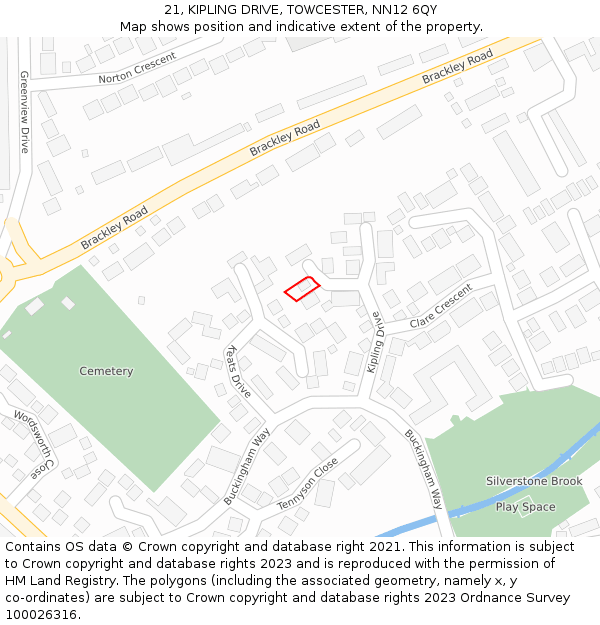 21, KIPLING DRIVE, TOWCESTER, NN12 6QY: Location map and indicative extent of plot